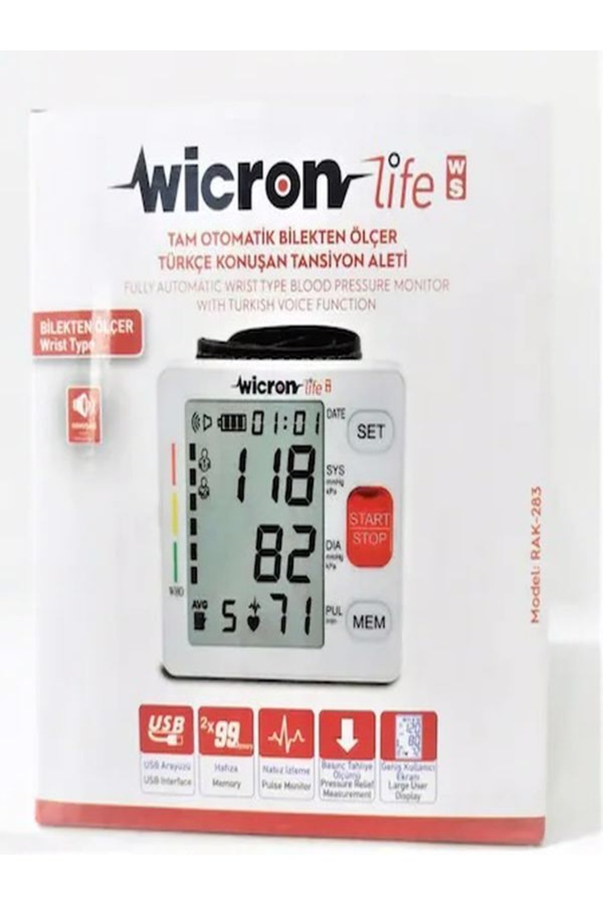 Wicron Life Rak283 Tam Otomatik Bilekten Ölçer Türkçe Konuşan Tansiyon Cihazı