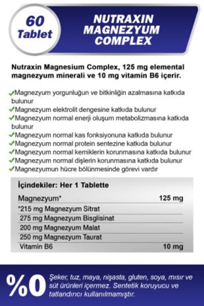 Magnezyum Complex 60 Tablet 125 Mg - Bisiglinat - Taurat - Malat - Sitrat - B6